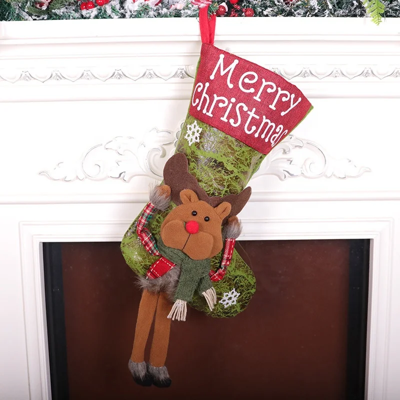 red christmas stocking decoration supplies with 3D Santa Claus for Christmas Eve