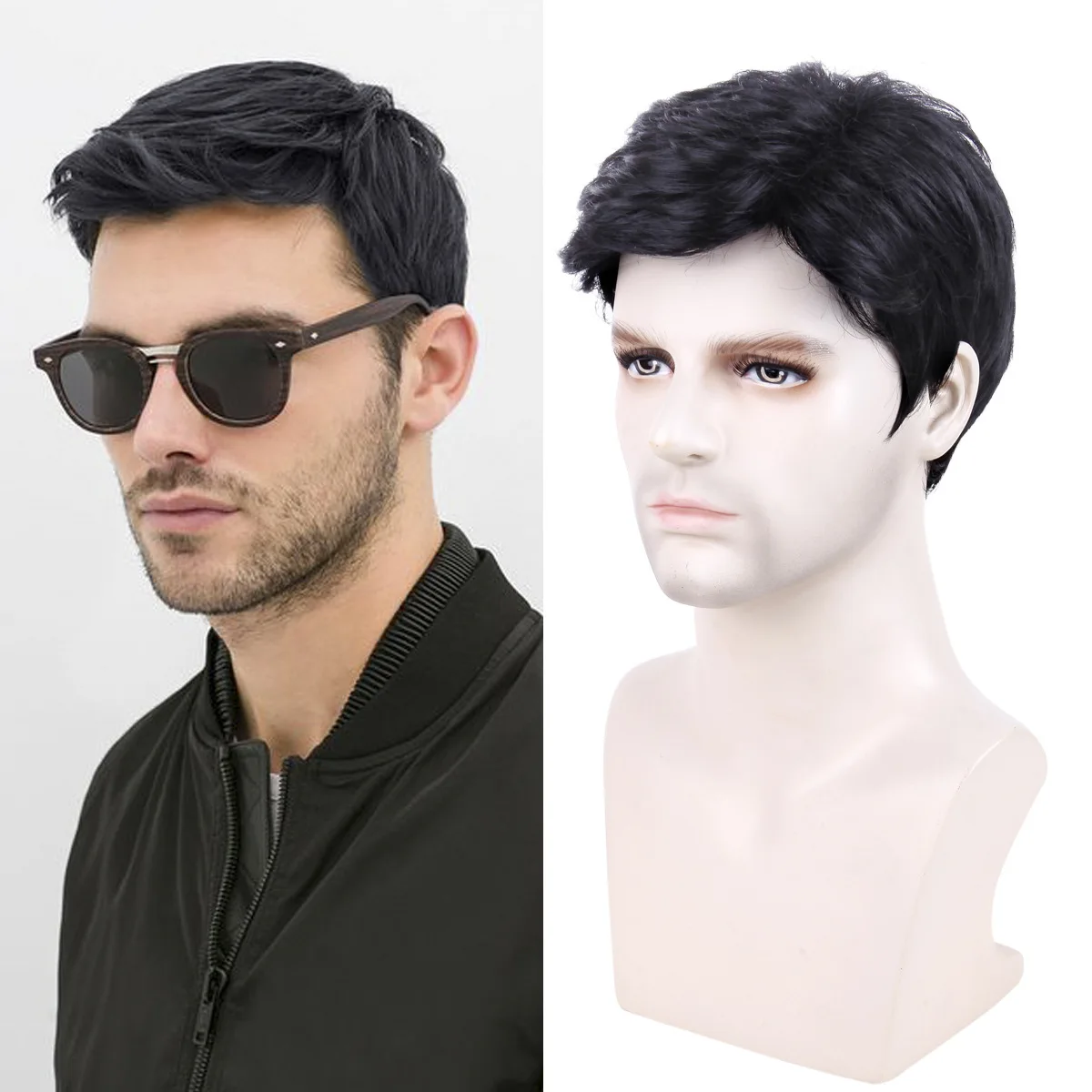 Wholesale 8 inch New Design Handsome Men Wigs Natural Curly Wig Toupee Synthetic Black Hair Wig For Men