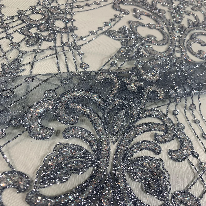 Factory wholesale nigerian tulle mesh glitter crystal sequins wedding dress embroidery dance dress lace fabric