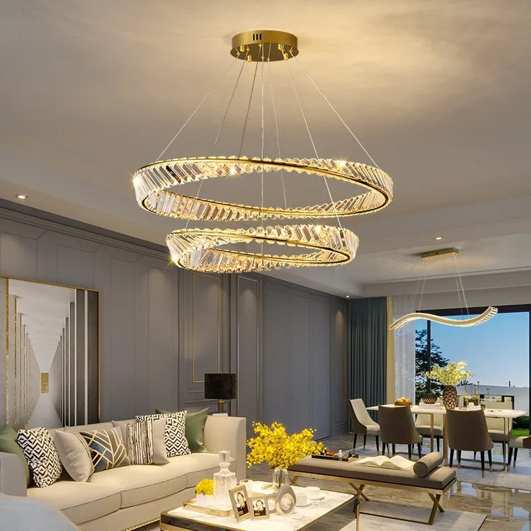 ZG Nordic Style 2 Rings Large Crystal Led Chandelier Luxury Crystal Hanging Light Living Room Pendant Lamp Circle Pendant Light