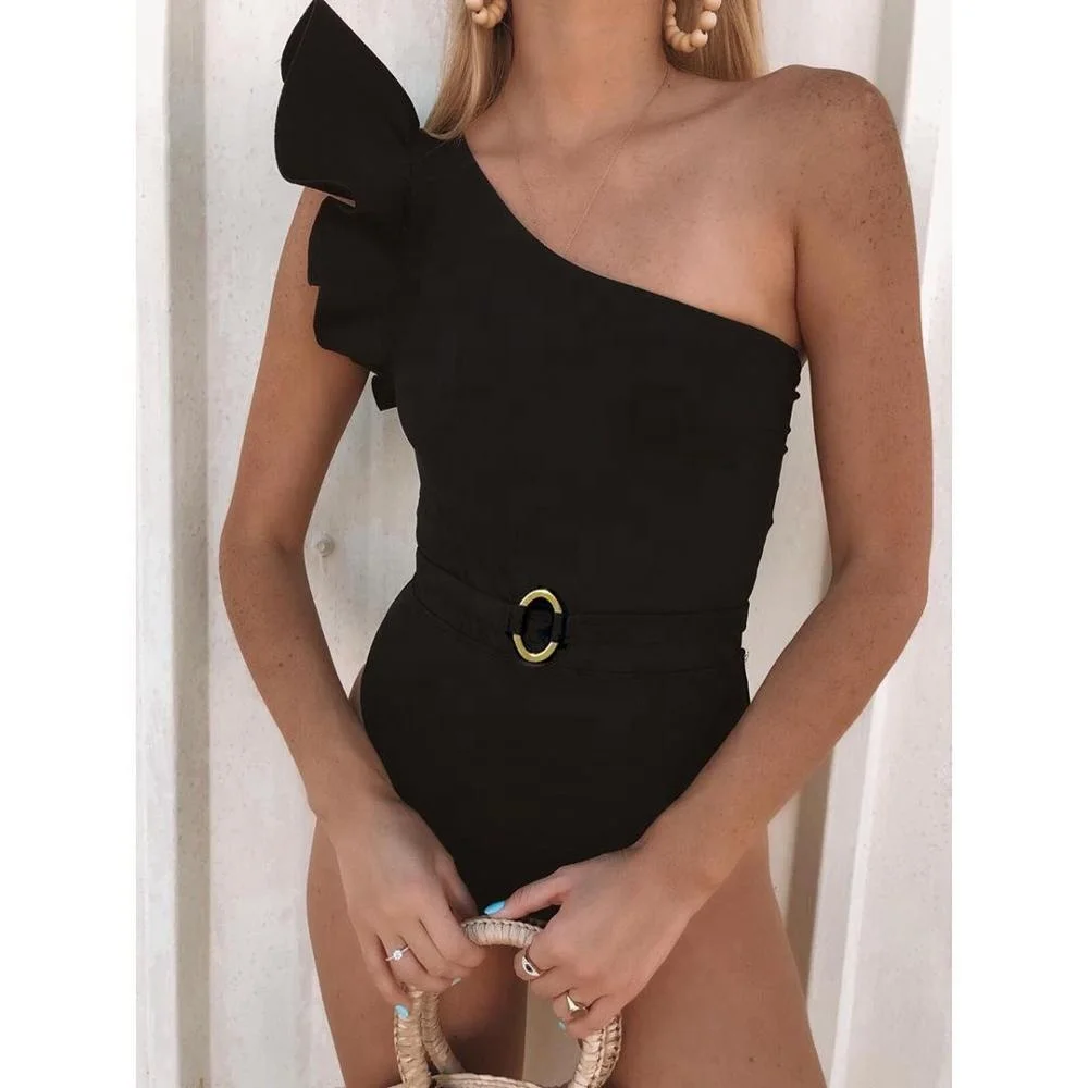 2021  Swimsuit  Custom Sexy  Swimwear Women Ruffle One Shoulder Bikini Swimsuit