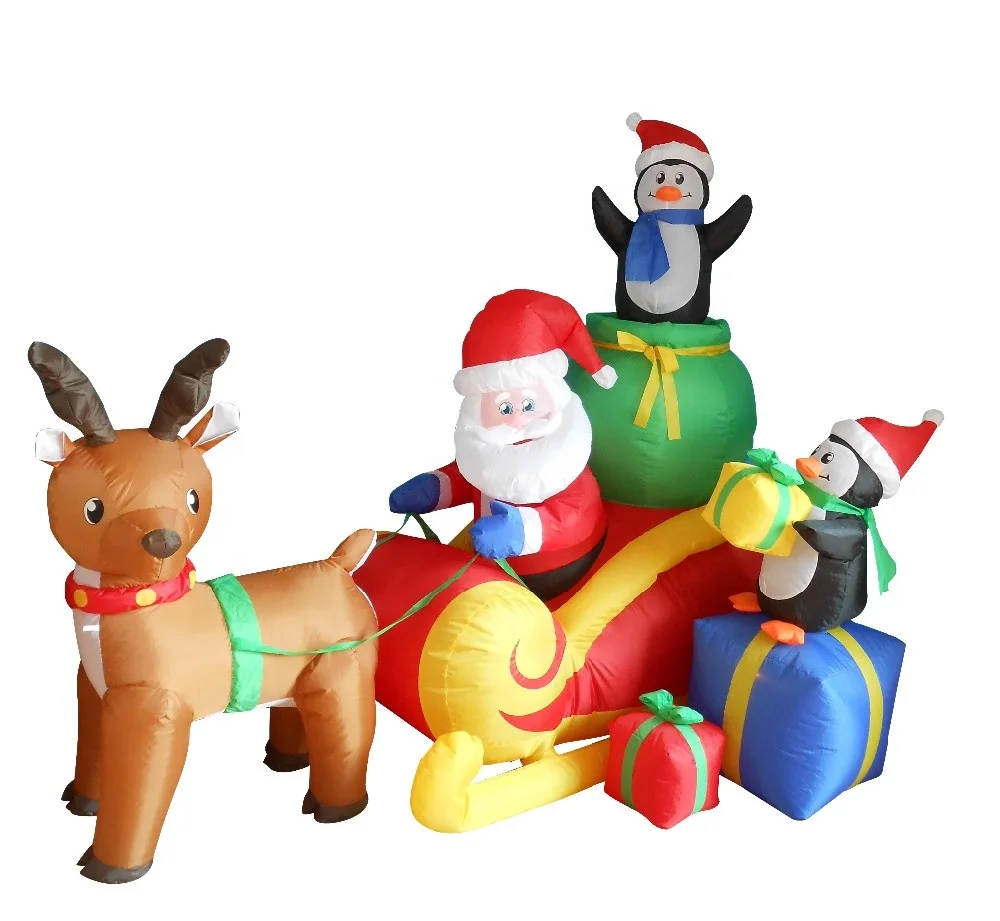 180cm inflatable reindeer pull sled which has penguin on gift bags and santa claus for christmas decoration