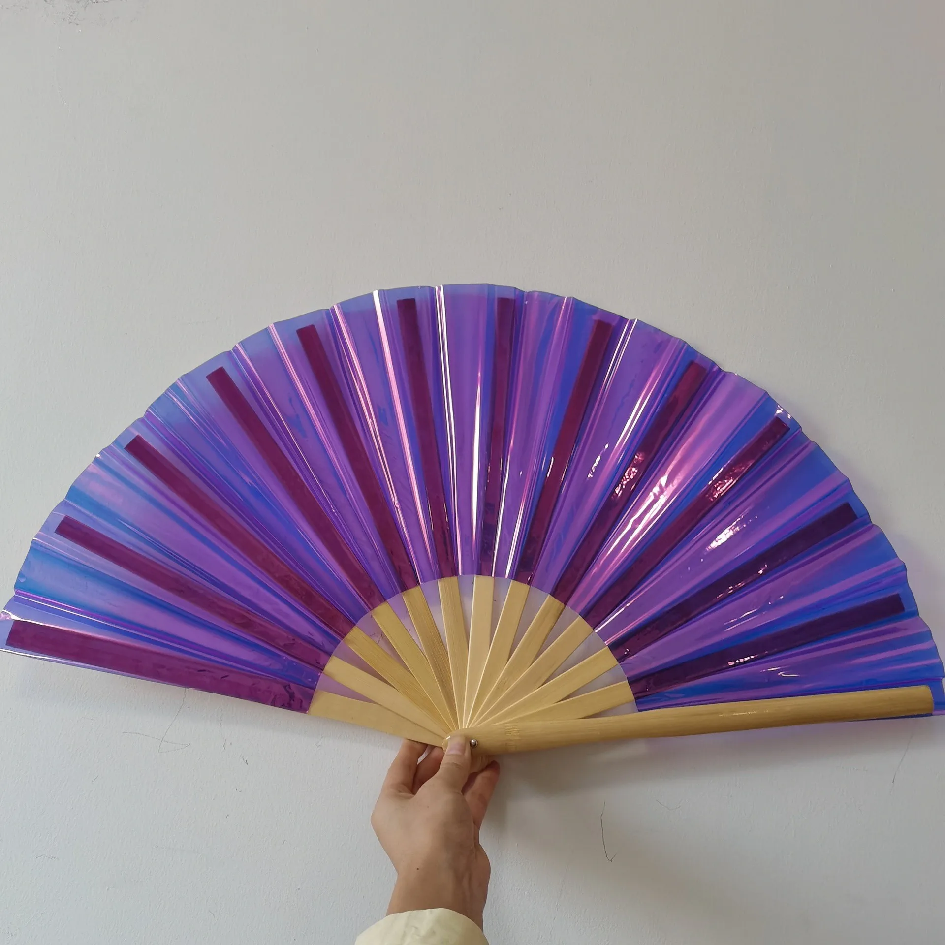 33cm Large Iridescent Holographic TPU Bamboo Folding Hand held Clack Fan for Rave Festivals Party Accessories