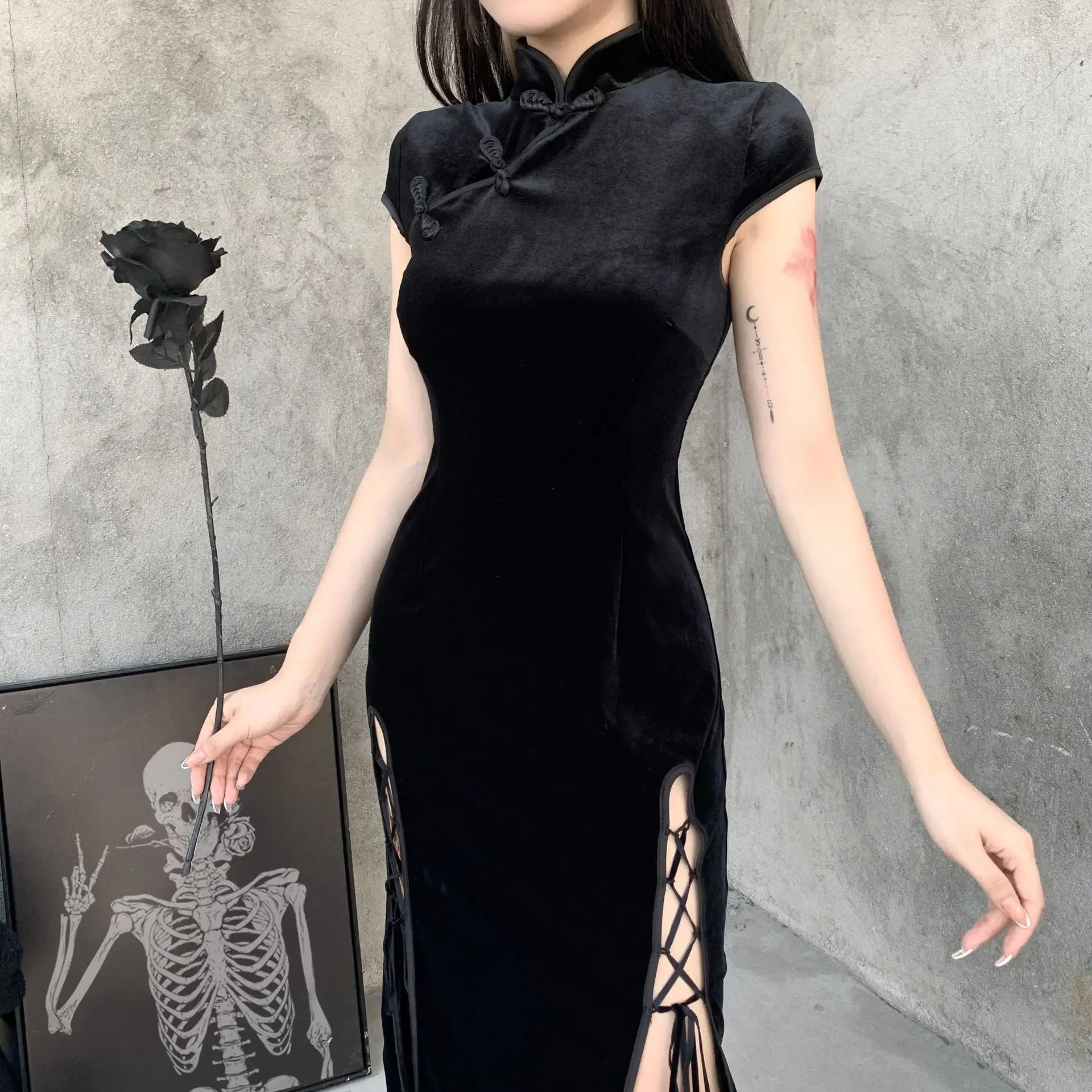  Ins винтажный стиль плюс размер Cheongsam женское осеннее платье с открытой вилкой сексуальное Qipao Дамское