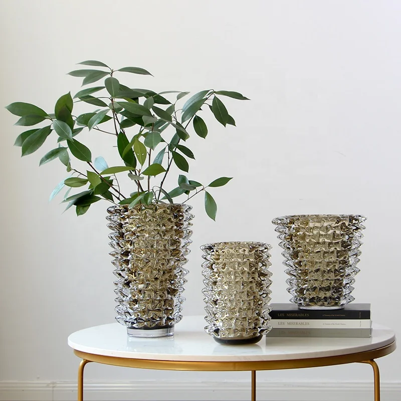 Bixuan Handmade Mouthblown Art Glass Vase Khaki Color Triangle Prisms Spiky Thorn Design Home Table Decor Thick Heavy Glass Vase