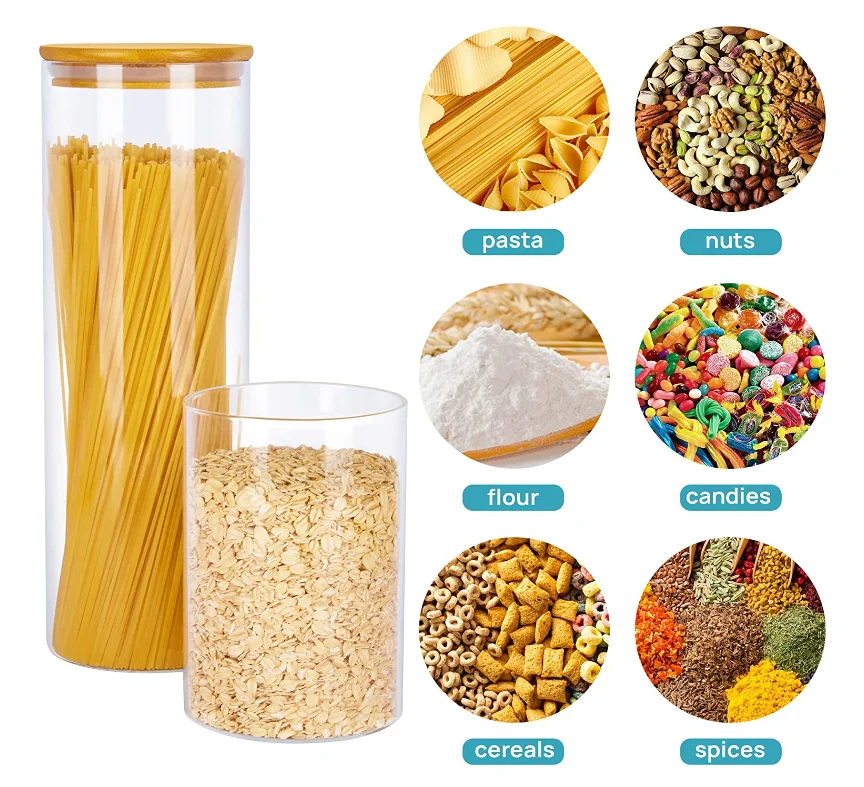 custom high borosilicate glassware fancy kitchen clear elegant round airtight coffee tea glass jar wooden lid storage spice jar