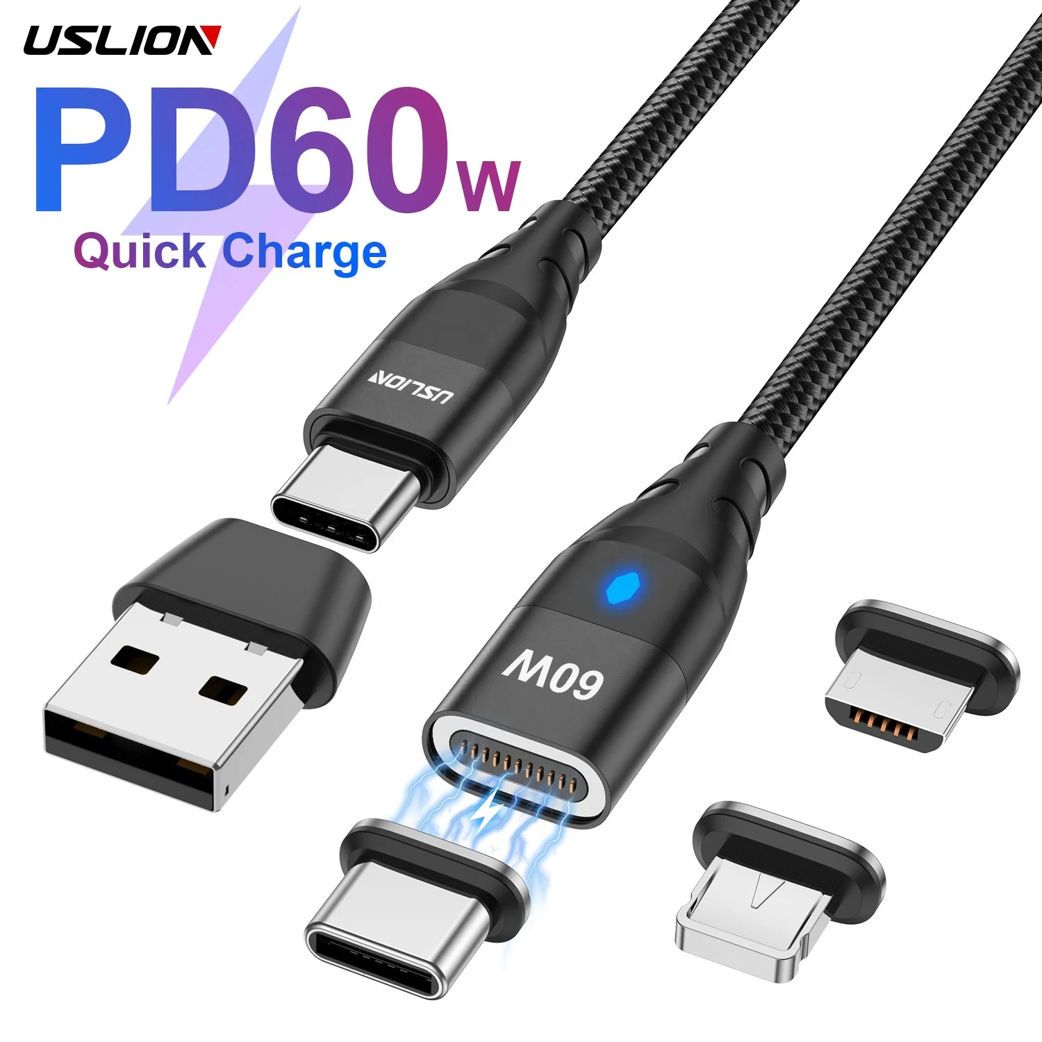 USLION 6 in 1 PD60W 3 in 1 USB Cable Type C Magnetic Cable Charger Charging Data Cable Magnet Micro USB for iphone 14