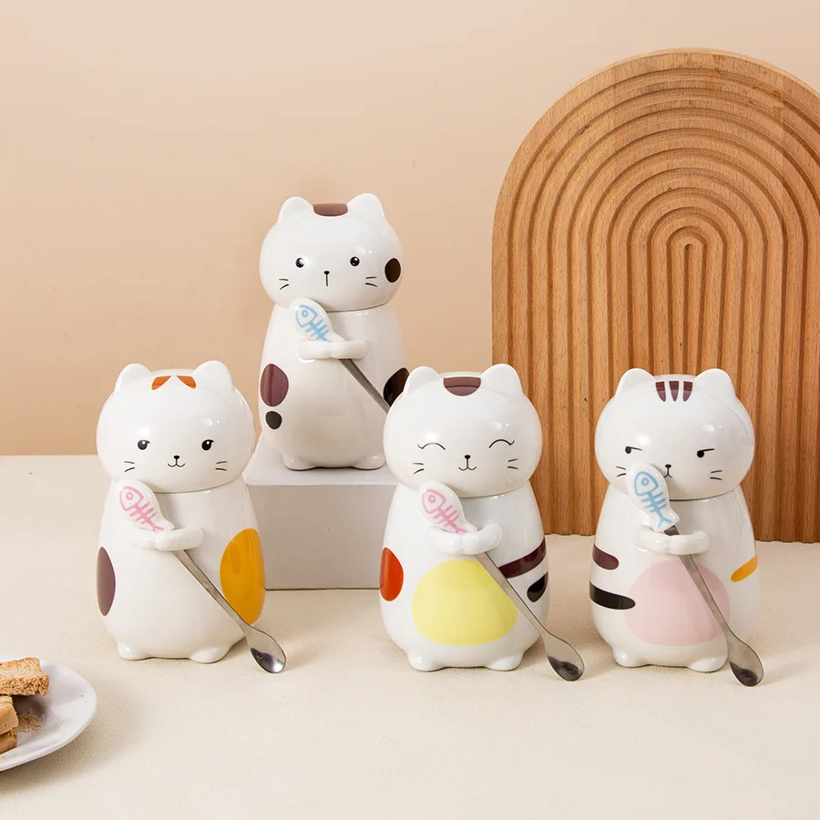 Super Cute 3D Cartoon Cat Ceramic Mug With Cover And Spoon Couple Ceramic Water Cup Breakfast Coffee Cup
