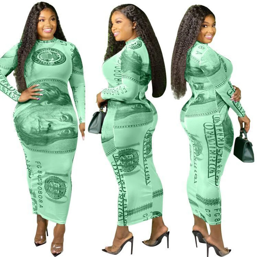 Fashion  Women Plus Size Mesh Club Party Dress Dollar Printed Dress Long Sleeve Dress