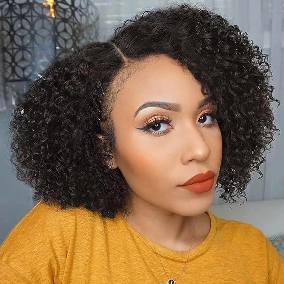 Cheap Afro Kinky Curly 4X4 Lace Closure Front Human Hair Wigs Natural Black Color Transparent Lace Frontal Wigs With Baby Hair