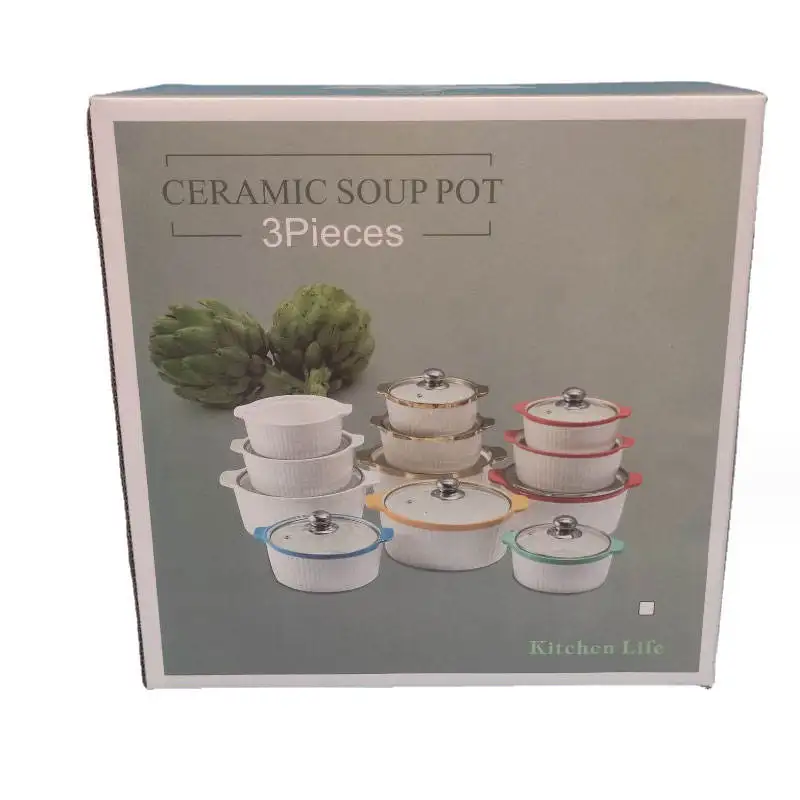 2024 In Stock Porcelain Tableware White Cheap Casserole Pot Embossed Ceramic Soup Pot Sets with Glass Lid