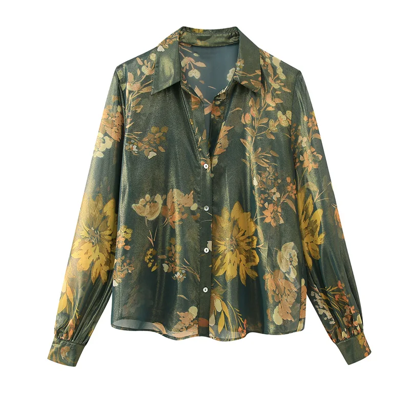 CS261 Wholesale 2023  Autumn Turn-down Collar  Floral Print Long Sleeve Shirt Women Blouse Tops 10