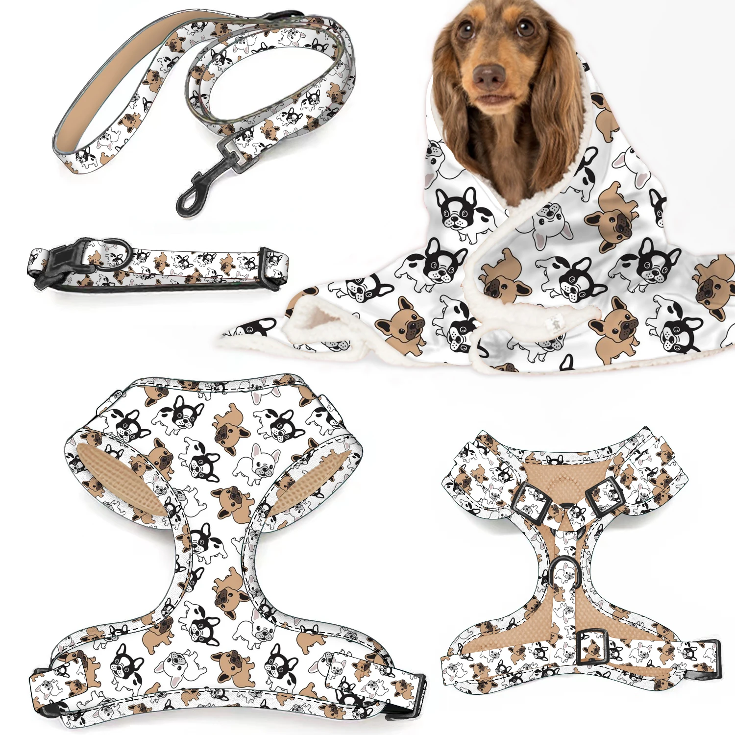Adorable woof paws design printed dog harness set petshop puppy lovely dog leash and poop bag holder wholesale