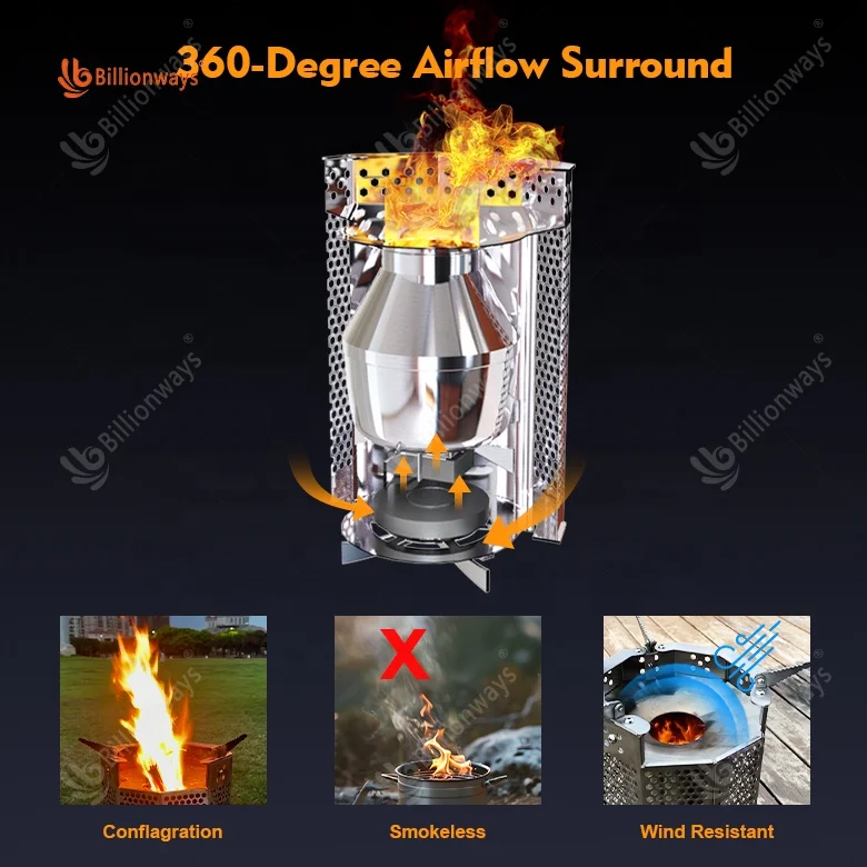 Factory Direct Portable Barbecue Windproof Wood Burning Stoves Stainless Steel Outdoor Camping Picnic Charcoal bbq Grill