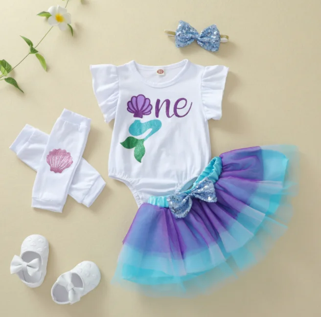 Wholesale Summer Infant Printed Fly Sleeve Romper + Firefly Blue Mesh Skirt 4-piece set For Baby Toddlers Girls Clothes