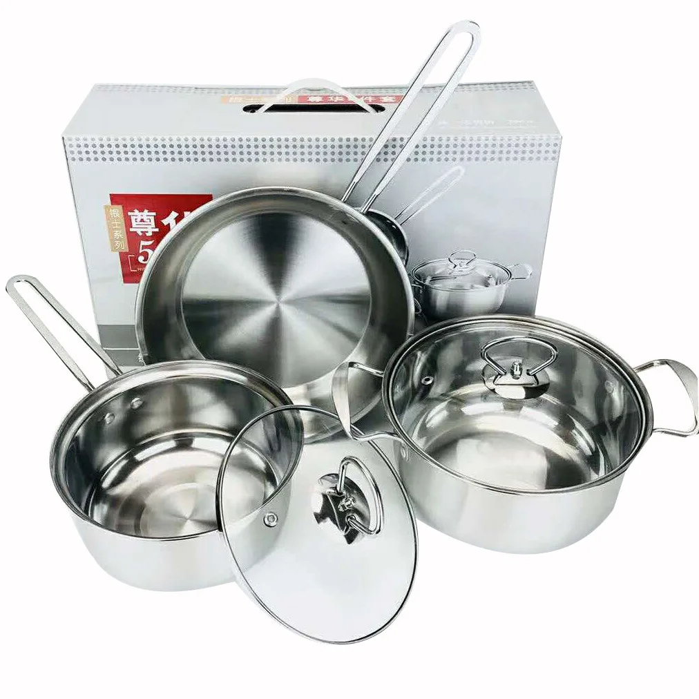 MJ Hot sale cooking pot set non stick 3 Pcs Set Stainless Steel Cooking Pots 24 cm Frying pan Cooking pot set with color box