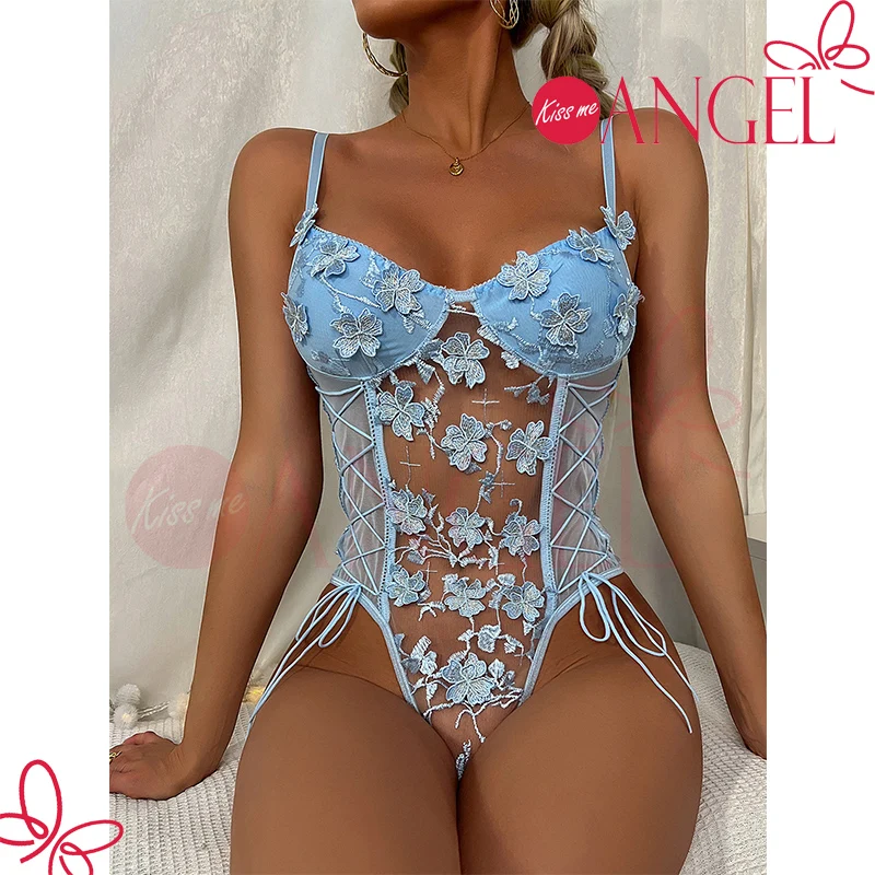 Красивый дизайн KISS ME ANGEL прозрачное светло-голубое слитное горячее нижнее белье комбинезоны эротические сексуальные Симпатичные для девочек