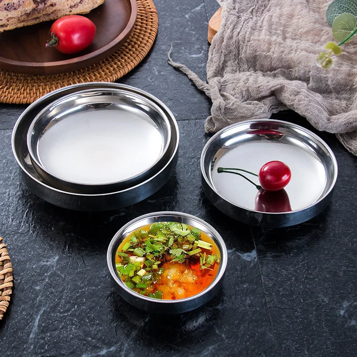 Korean Barbecue Restaurant Tableware Double Wall Stainless Steel Kimchi Sauce Small Plate Dish Ware