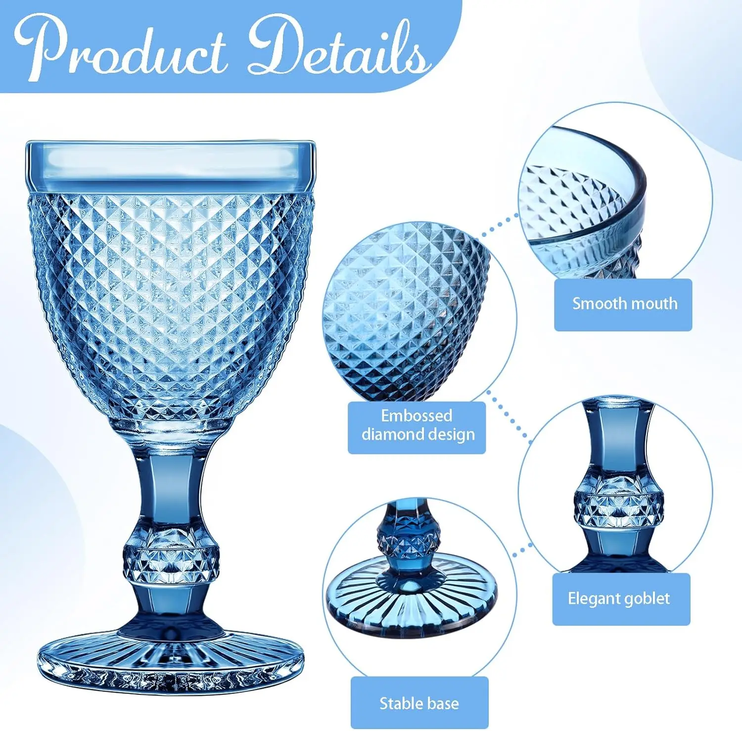 Blue 10 oz Vintage Red Wine Glass Goblets With Embossed Diamond Design for Juice Liquor Party Wedding Bar