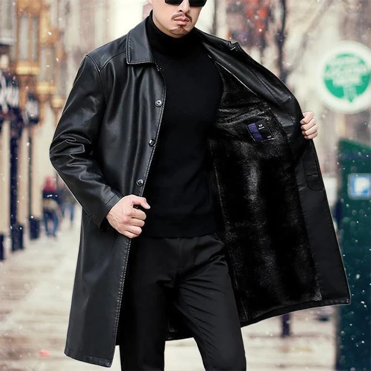 Winter Casual Thick Fleece Parkas Warm Faux Long Leather Jacket Men Leather Trench Coat
