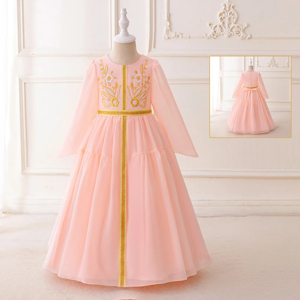 Long Sleeves Pink Muslim Embroidery Flower Girl Dress Fashion Islamic Clothes Kids Birthday Wedding Ball Gown
