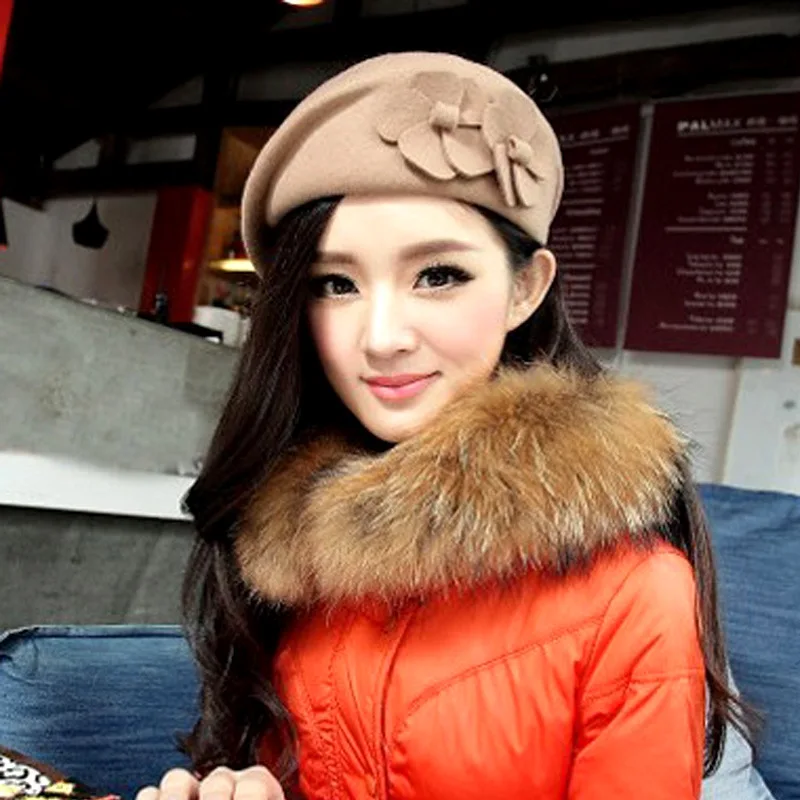 Promotion Autumn winter hat Ladies Elegant Double Flower Wool Beret Floral Dress Pillbox Fascinator Beanie Hat