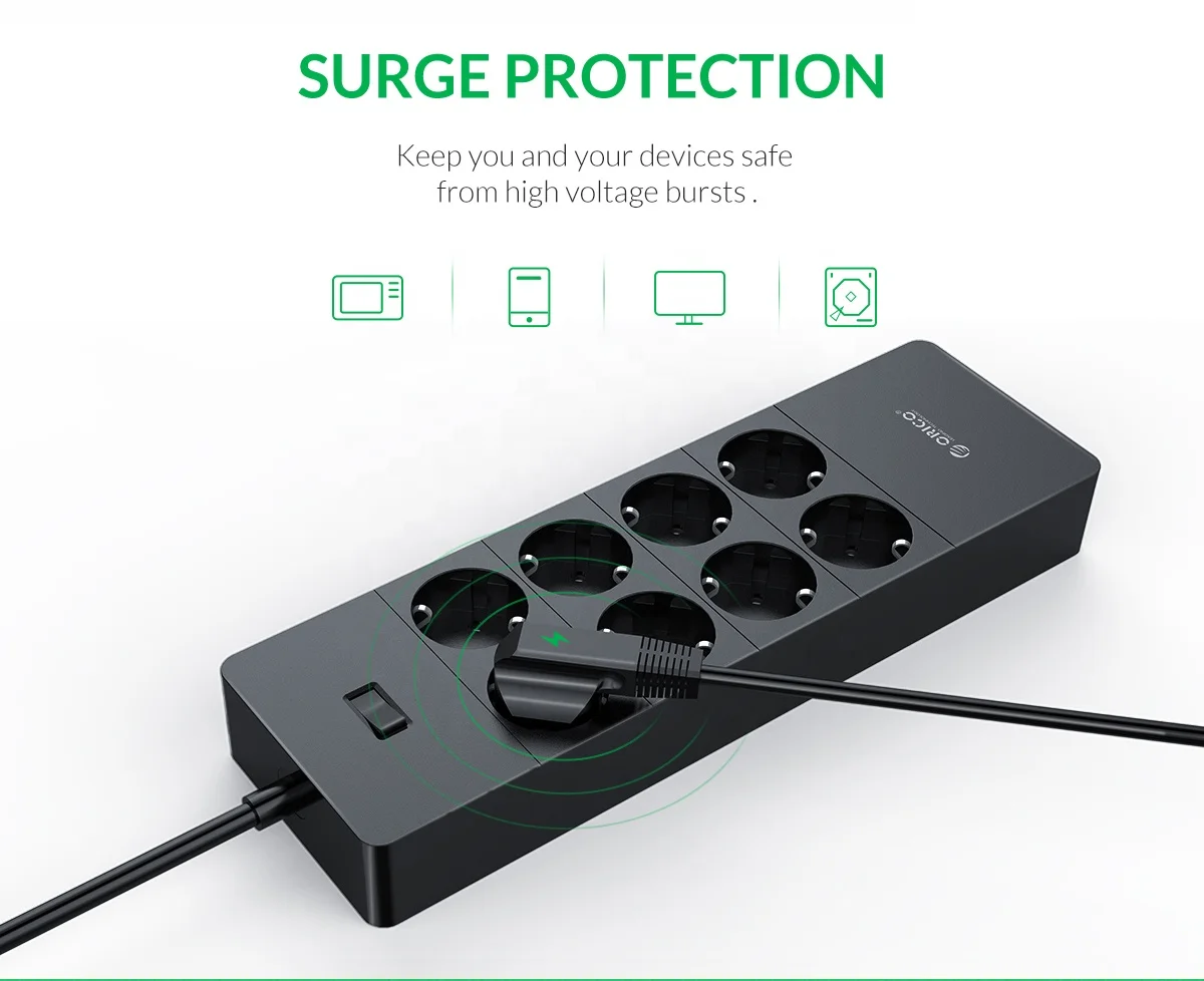240V 8 AC EU Socket Extension Outlet Power Strip with 5 USB Charging Port HPC-8A5U-V1-EU