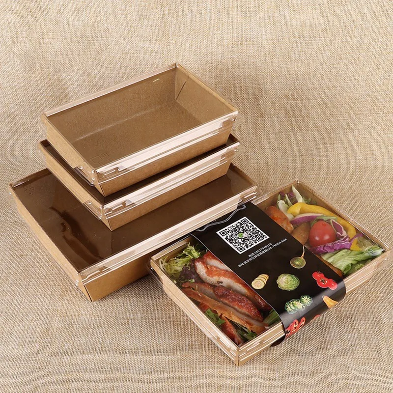 Embossed Brown Kraft Paper Disposable Fast Food Tray Box with Lid for Noodles Sushi for Restaurant Use Packaging Bread Cookies