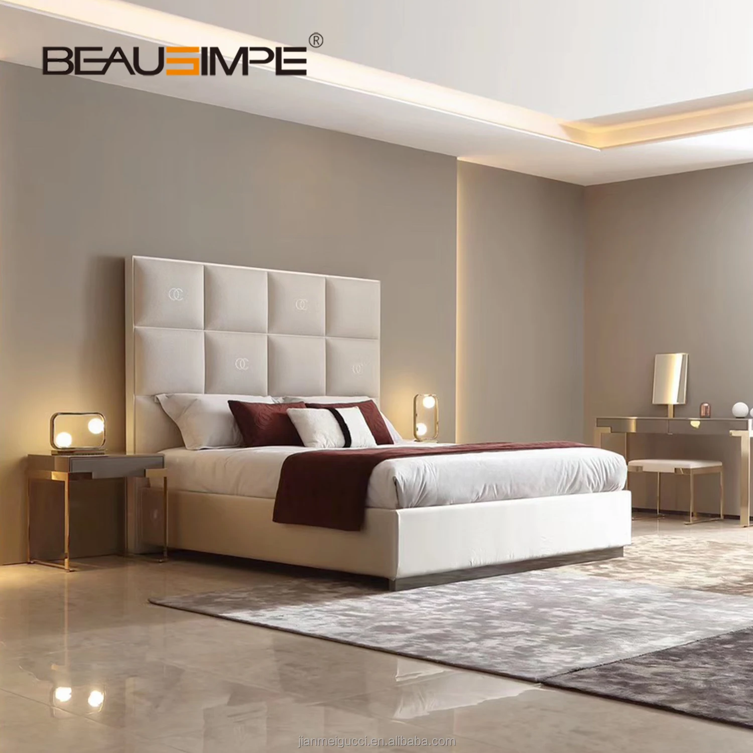 Modern minimalist bed with rectangular design pattern soft padded tall headboard fabric leather bedframe for bedroom furniture