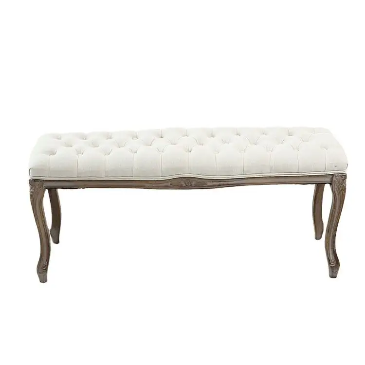 Custom White Rubber Wood Ksf25001Solid rustic Wood bench Cotton Linenfabric Bedroom Wood Bench
