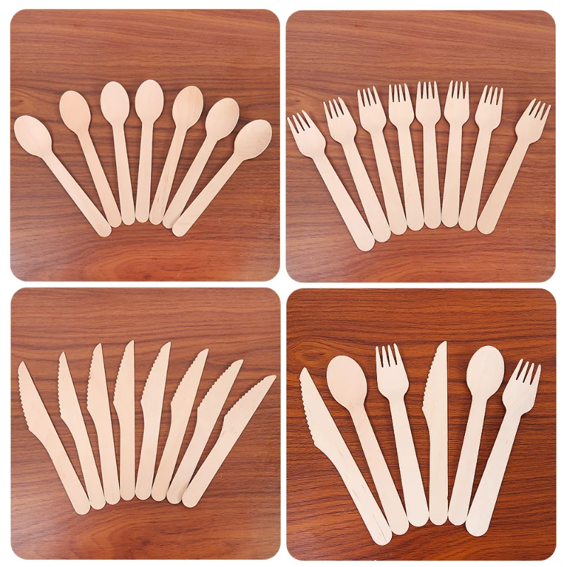 100pcs Bamboo Knife Fork Spoons Disposable Tableware Sets Kitchen Utensil for Cakes Desserts Wedding Birthday Party Supplies
