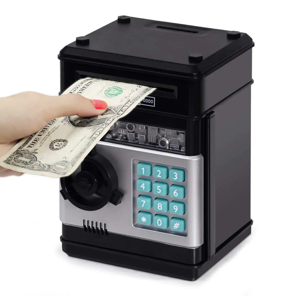 Personalized promotional password lock atm machine digital safe box red piggy bank automatic roll money for birthday present