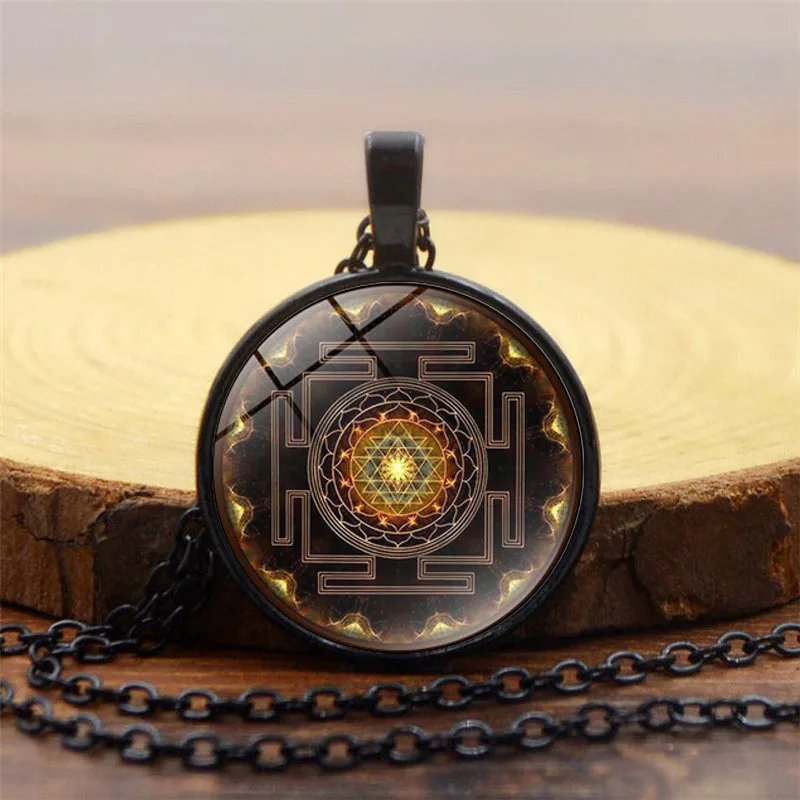 Buddhist  Sacred Jewel Time Deluxe Vintage Pendant Mandala Sri Yantra Necklace