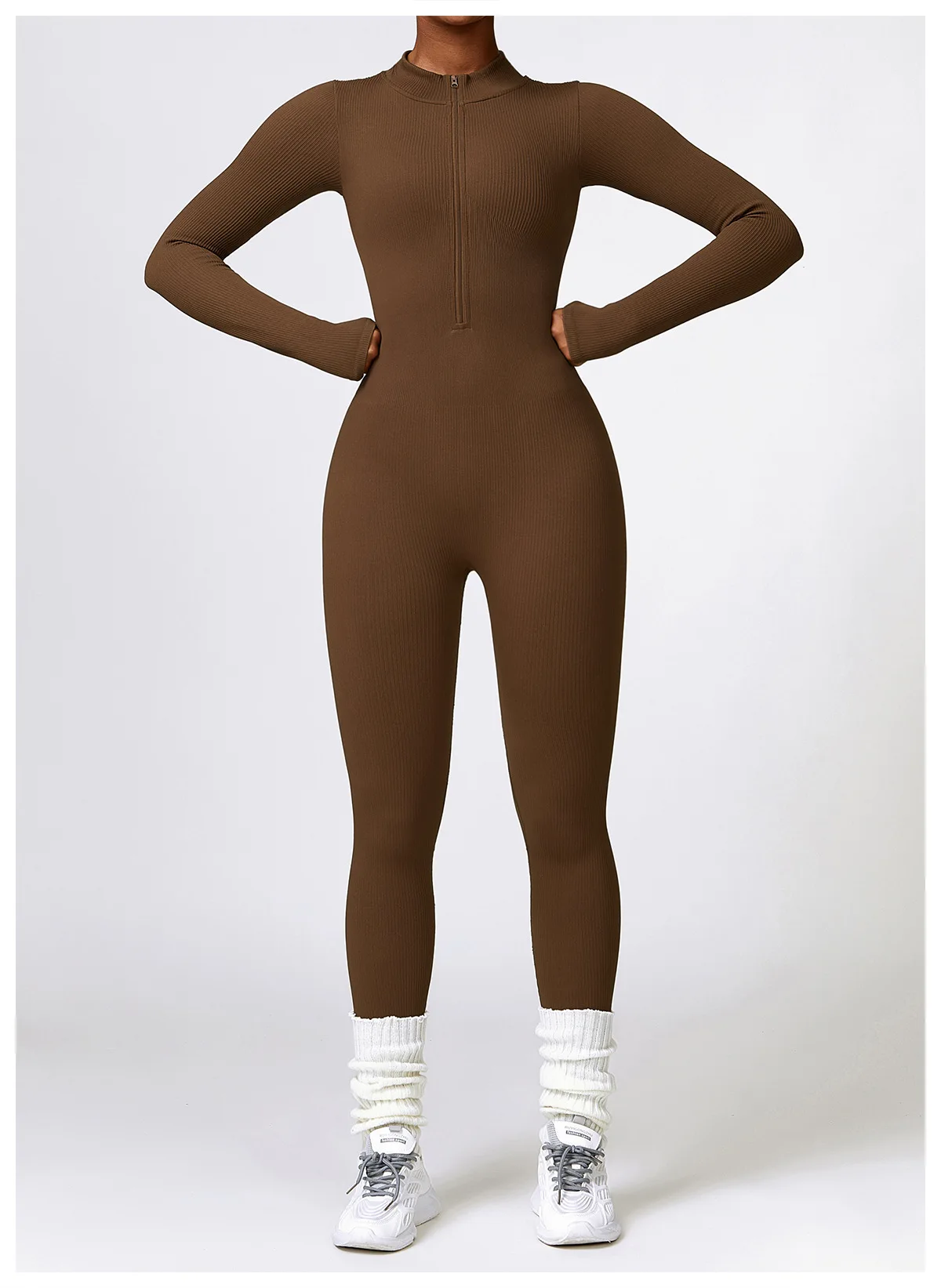 YOKE Custom Logo Gym Wear Long Sleeve One Piece Jumpsuit Exercise Workout Zipper Ribbed Yoga Body Suit For Women