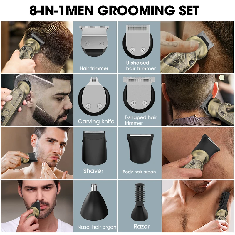 Lanumi 708 retro metal body multi grooming kit ipx6 waterproof 8-in-1 Men Grooming Kit LCD display beard hair trimmer With base