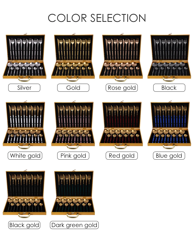 Amzn Hot Sale 24pcs Silverware Black Kitchen Knife Spoon Fork Wholesale Gold Cutlery Brass Stainless Steel Flatware Set