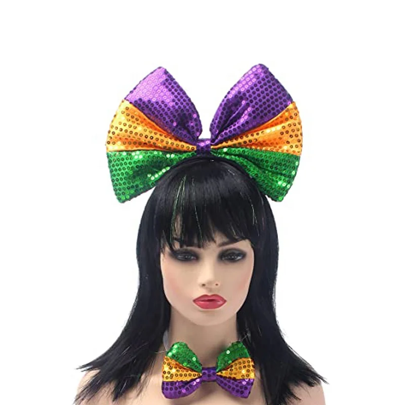 Women Mardi Gras Festival Costumes Headwear Glitter Sequin  Bowknot Headband And  Bow Tie Accessories Parade Party Celebration