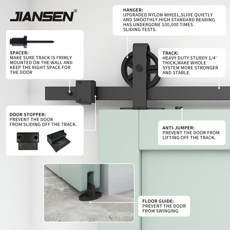 Heavy Duty 5-16ft Carbon Steel+POM Black Powder Coated Large Pulley Top Mounted Sliding Barn Door Hardware Kit