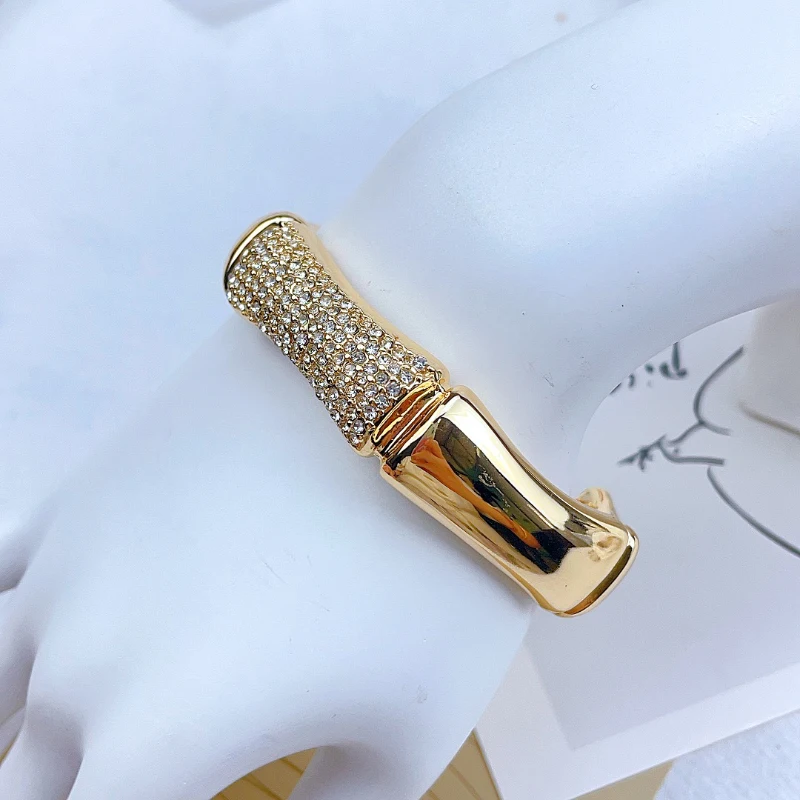 Fashion Hot Selling 18K Gold-plated Bamboo Section Set With Diamond C-shaped Open Bracelet For Women