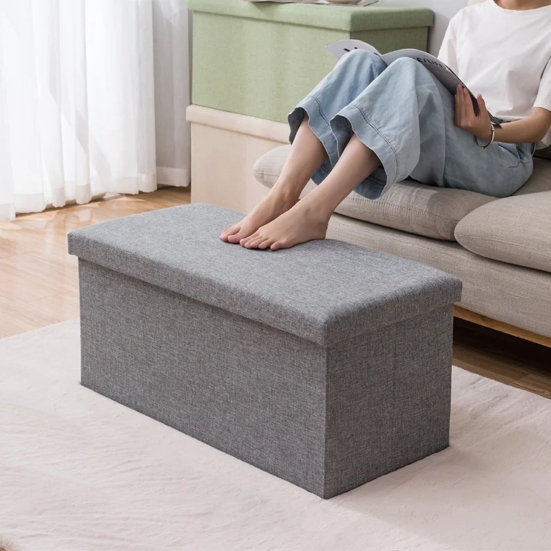 Living Room Furniture Fabric Linen Collapsible Toy Footrest Foldable Ottoman Bench Storage Box Stools Ottoman Home Organization