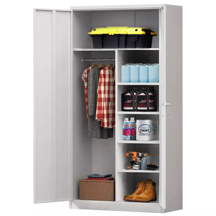 Large Metal Wardrobe Style Storage Cabinet with 3 Adjustable Shelves Cloth Rail Lockable Doors for Home Organization