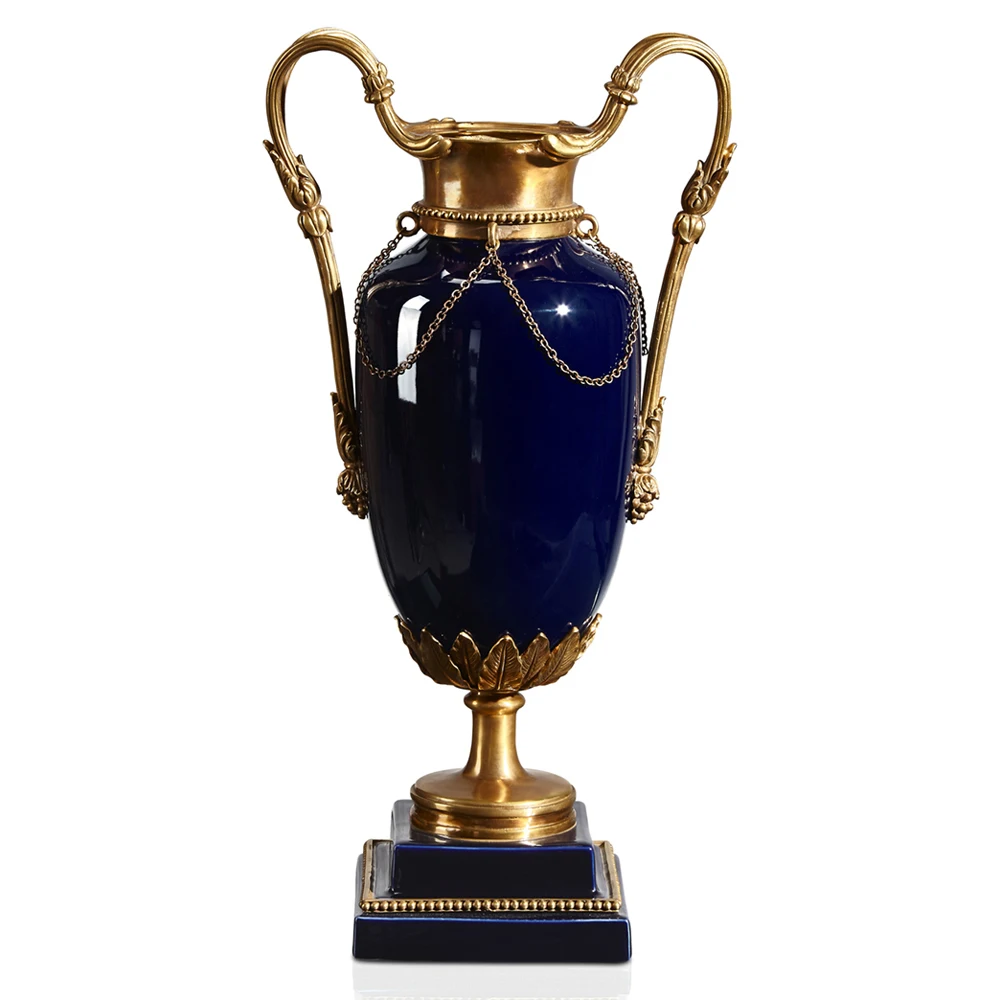 Unique Designed French Barocco Handmade Golden Brass Handle and Chain Decorated Royal Marine Blue Porcelain Trophy Vase