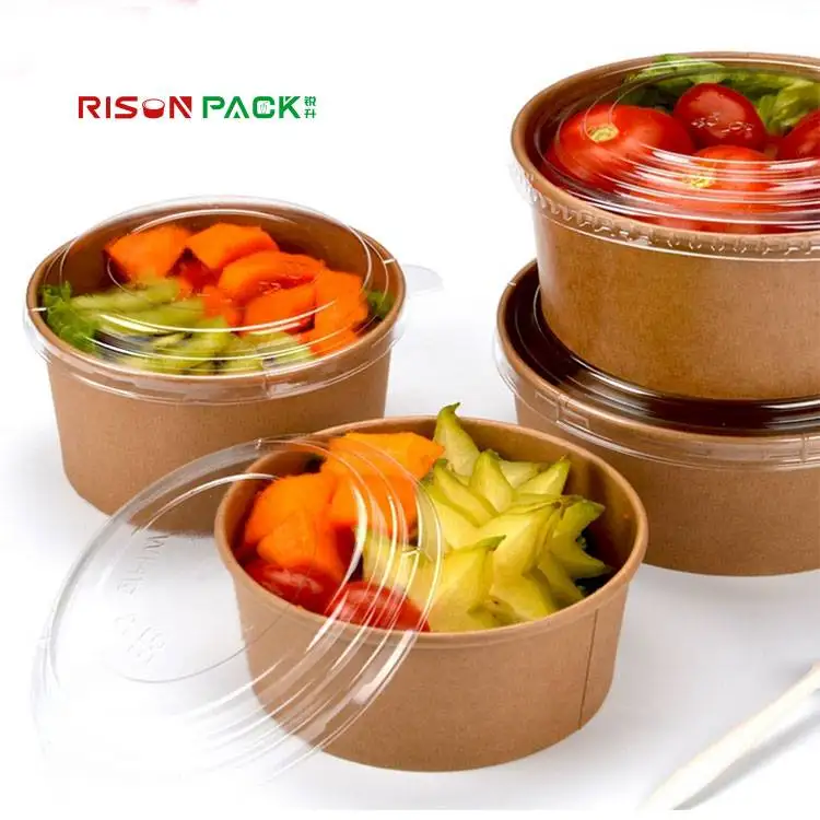 Disposable Take Away Kraft Paper Salad Bowl With Pet Lid Kraft Paper Bowl