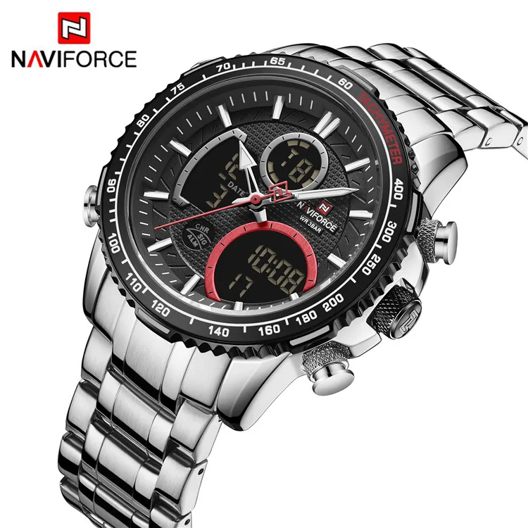NAVIFORCE 9182 Роскошные модные мужские часы ведущей марки кварцевые цифровые Военные Спортивные Серебристые наручные из нержавеющей