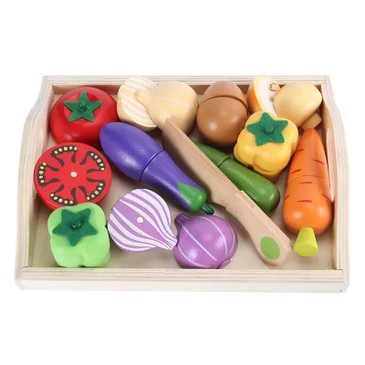Wholesale preschool role play pretend play kitchen set toy wooden food cutting vegetables fruit toy for kids