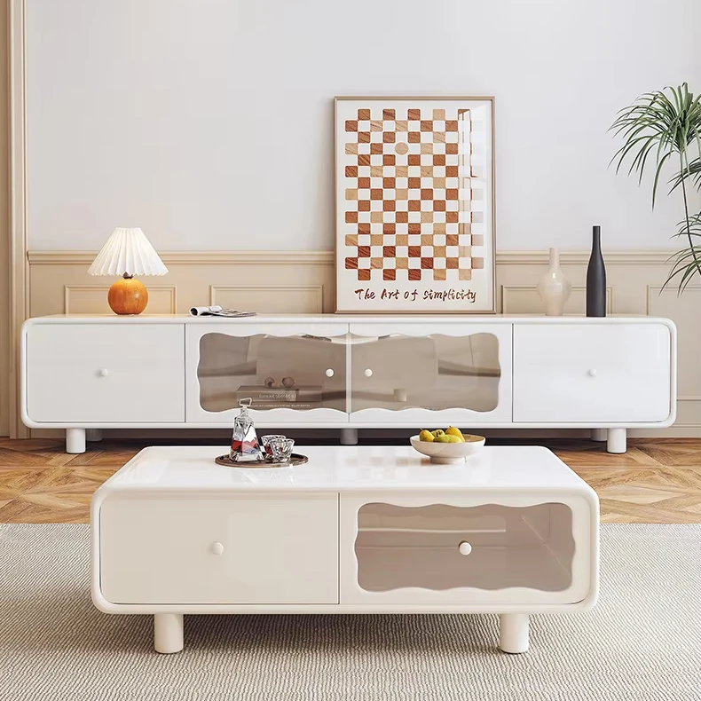 Modern Creamy Oak White Wooden TV Cabinet Luxury Minimalist Design for Dining Living Room Home