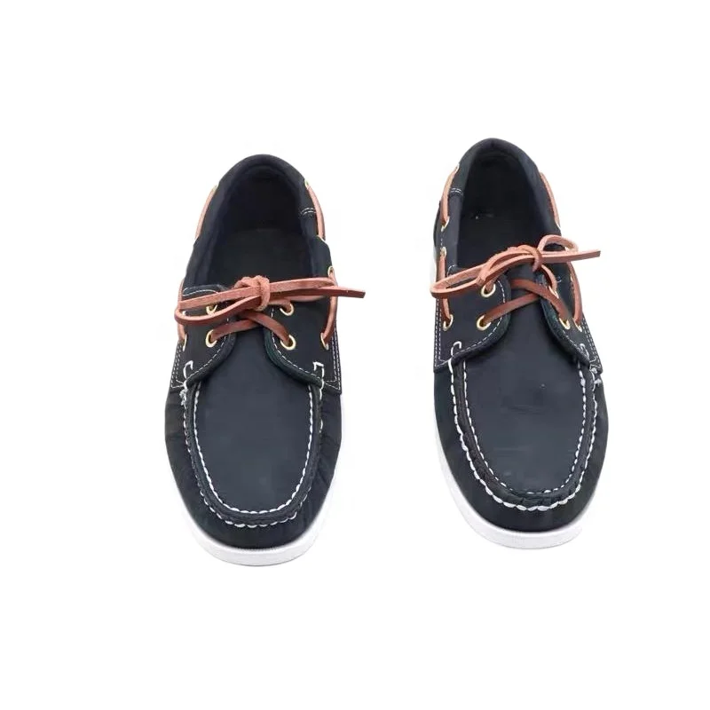 Dark Navy Nubuck Genuine Leather Peas Shoes Leather Laces Daily Commuter Casual Driving Walking Style Loafers Men Boat Shoes
