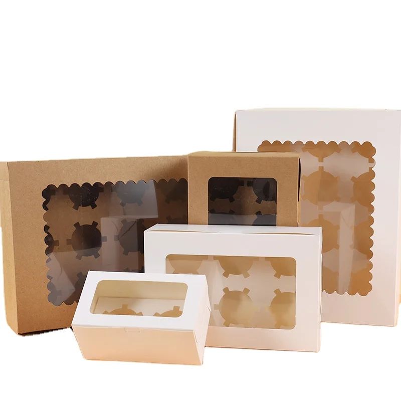 2 4 6  Pieces White Brown Paper cupcakes package box  with clear PET PVC window