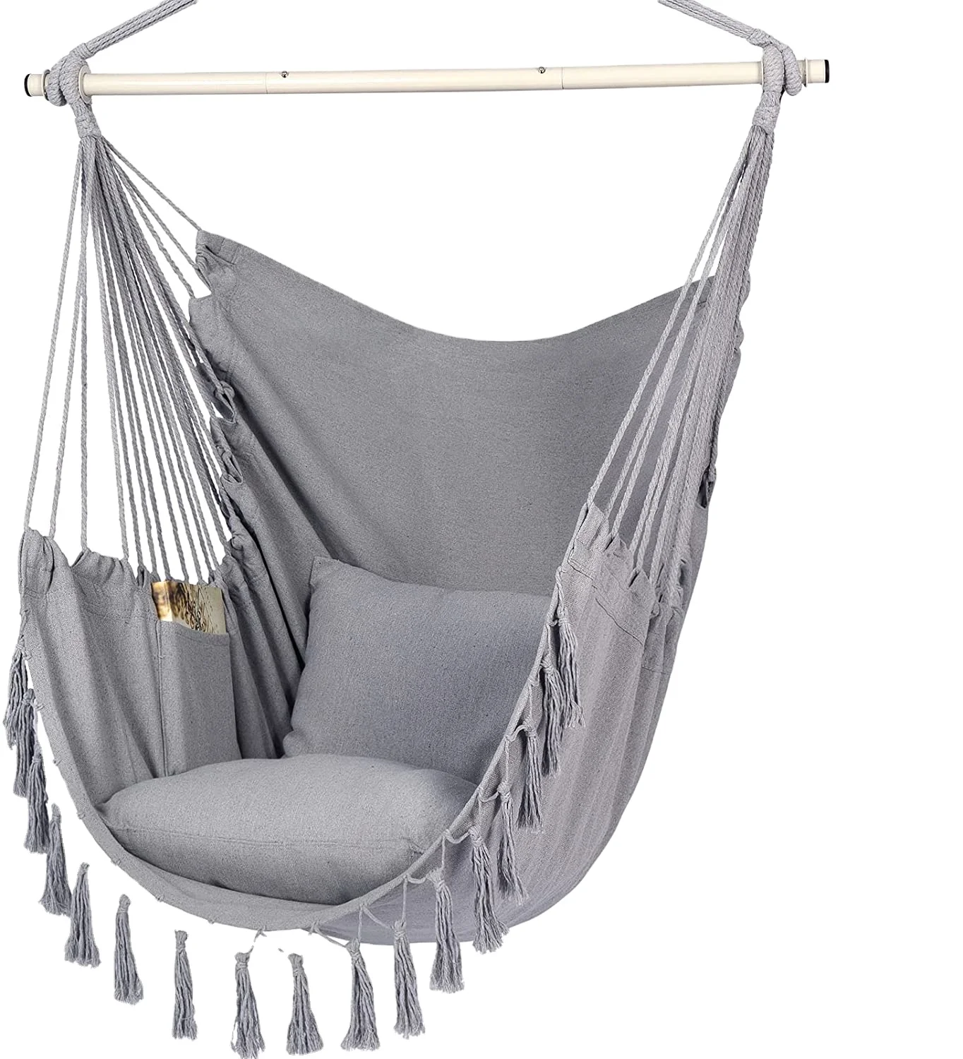 Hammock Chair Hanging Rope Swing with 2 Cushions Included Steel Spreader Bar With Anti-slip Rings For Any Space