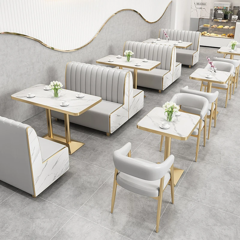 Customized Restaurant Booth Seating Set Marble Top Golden Dining Table And Chair Sofa For Cafe Coffee Shop